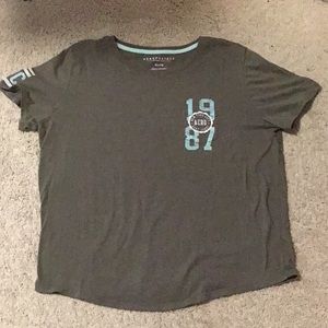 Aeropostale shirt, navy green color with blue and white writings.